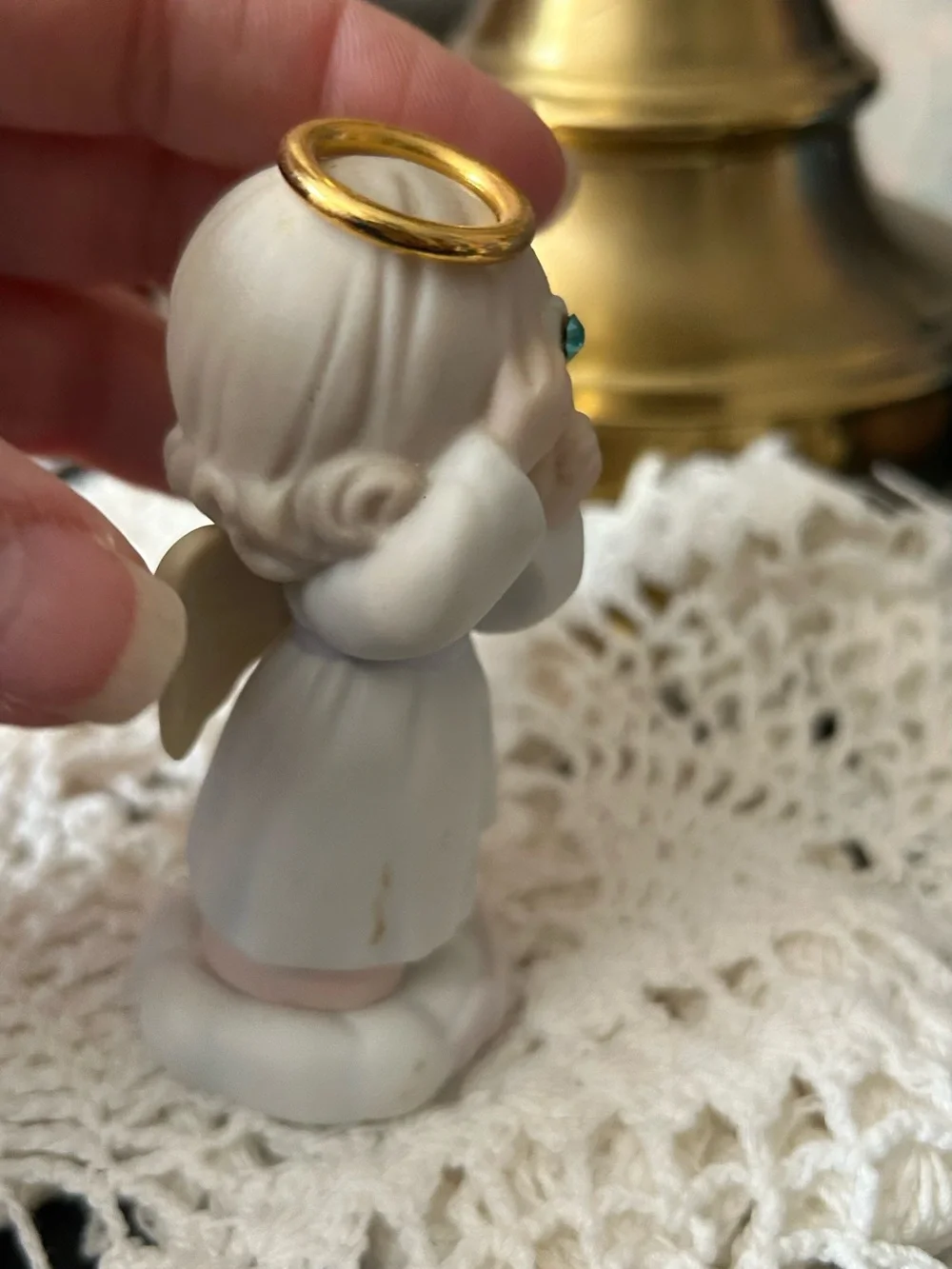 Precious Moments Angel Figurine in White with Gold Halo and Blue Jewel